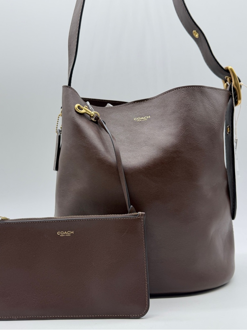 COACH Bleecker leather large women's bucket shoulder bag + pouch - Maple/Brown - Picture 8 of 15